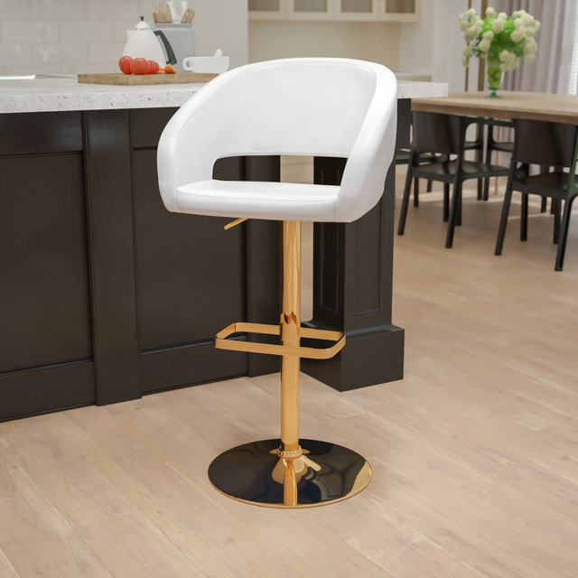FLASH FURNITURE CH122070WHG Contemporary Vinyl Adjustable Height Bar Stool With Rounded Back, White/Gold FLASH FURNITURE CH122070WHG Contemporary Vinyl Adjustable Height Bar Stool With Rounded Back, White/Gold