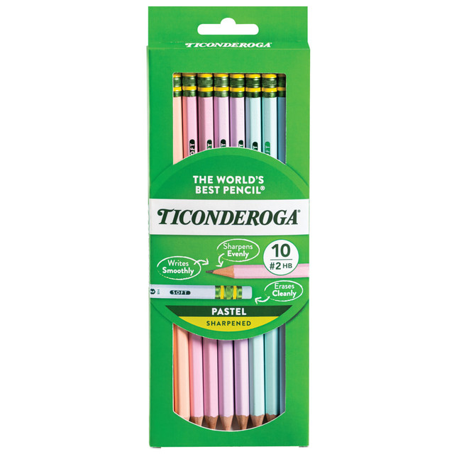 Create beautiful artwork with Ticonderoga Pastel Pencils. Each pencil boasts a latex-free eraser for quick corrections.  Made from durable wood.  Graphite core.  Latex-free erasers offer clean corrections.  Pre-sharpened for immediate use.  Includes a variety of assorted pastel colors.