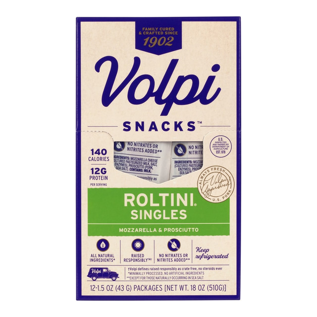 JOHN VOLPI & CO., INC. 10765171855510 Volpi Roltini Singles, Prosciutto And Mozzarella, 1.5 Oz, 12 Singles Per Pack, Case Of 2 Packs JOHN VOLPI & CO., INC. 10765171855510 Volpi Roltini Singles, Prosciutto And Mozzarella, 1.5 Oz, 12 Singles Per Pack, Case Of 2 Packs