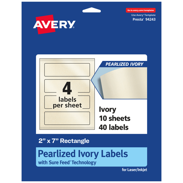 AVERY PRODUCTS CORPORATION 94243-PIP10 Avery Pearlized Permanent Labels With Sure Feed, 94243-PIP10, Rectangle, 2in x 7in, Ivory, Pack Of 40 Labels AVERY PRODUCTS CORPORATION 94243-PIP10 Avery Pearlized Permanent Labels With Sure Feed, 94243-PIP10, Rectangle, 2in x 7in, Ivory, Pack Of 40 Labels