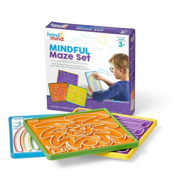 Keep the Hand2Mind Mindful Maze 3-Piece Set handy in your classroom. These double-sided maze boards feature indented finger paths that incorporate tactile prompts for inhaling, exhaling and pausing.  Maze boards help support social emotional learning and mindfulness.  Hands-on, easy-to-use tools made of durable plastic.  Includes 3 double-sided boards with indented finger paths that incorporate tactile prompts.