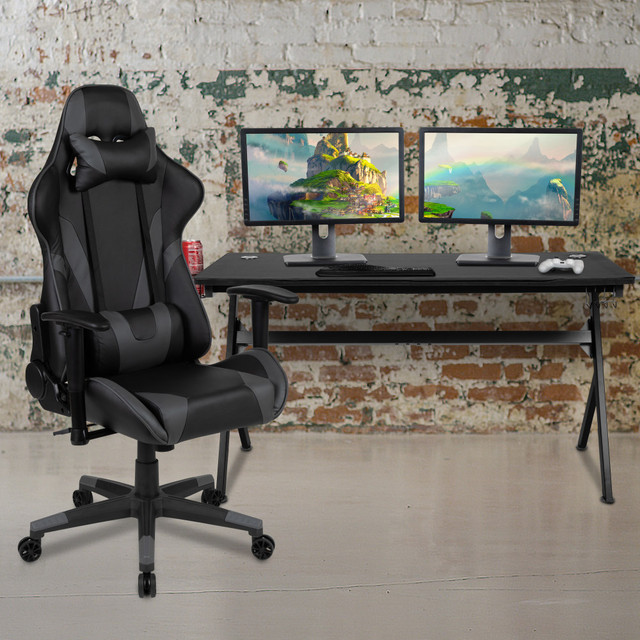 FLASH FURNITURE BLNX20D1904LGY  Gaming Desk And Reclining Chair Set With Cup Holder, Headphone Hook & Removable Mouse Pad Top, Gray