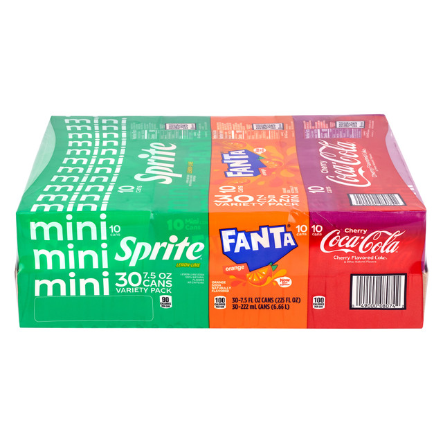 Stay refreshed with the Coca-Cola Mini Cans Soda Variety Pack. This variety pack includes Coca-Cola Cherry, Sprite and Orange Fanta sodas in convenient mini size cans.  Sodas with crisp, delicious taste.  Includes Coca-Cola Cherry, Sprite and Orange Fanta.  Mini size cans are ideal for a quick drink at home or on the go.