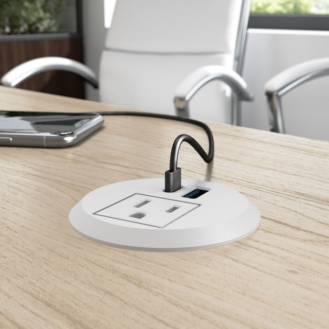 The Bush Business Furniture 2-inch Desktop Power Grommet with AC Outlet and USB-A/USB-C Ports offers a convenient solution for keeping electronic devices charged while you work. This power hub fits in BBF Computer Desks (sold separately) that include pre-cut wire management slots, or in any surface with an opening 2 inches in diameter.  Desktop Power Grommet keeps devices charged with a standard outlet as well as USB-A and USB-C ports.  2-inch desk grommet is compatible with most Bush Business Furniture Computer Desks.  Convenient design eliminates the need for a bulky power strip and multiple cords cluttering your workspace.  Desktop charging station includes a 6-foot power cord that plugs into a standard wall outlet.  Black and White color options allow you to choose the perfect desk outlet to complement any space.  USB-A port (5 volts) charges maximum 3 amps at 9 volts DC or maximum 2 amps at 12 volts DC.  USB-C port (5 volts) charges maximum 3 amps at 9 volts DC or maximum 2.2 amps at 12 volts DC.  Meets FCC and ETL testing standards  backed by the Bush Business Furniture 3 Year Manufacturers Warranty