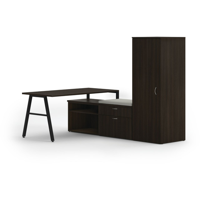 HON HON8460LDKJA1AB  Mod 84inW L-Station A-Leg Table Writing Desk, Java Oak/Black/Cool Neutral