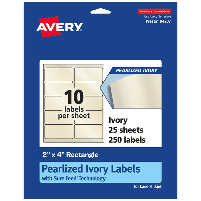 AVERY PRODUCTS CORPORATION 94207-PIP25 Avery Pearlized Permanent Labels With Sure Feed, 94207-PIP25, Rectangle, 2in x 4in, Ivory, Pack Of 250 Labels AVERY PRODUCTS CORPORATION 94207-PIP25 Avery Pearlized Permanent Labels With Sure Feed, 94207-PIP25, Rectangle, 2in x 4in, Ivory, Pack Of 250 Labels