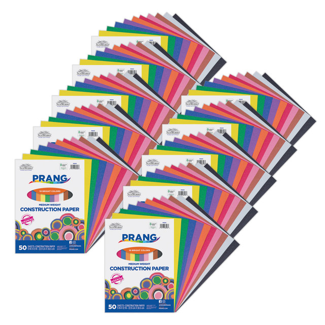 Prang Medium Weight Groundwood Construction Paper provides the best value in school grade construction paper. It is the perfect solution for school projects and other arts and crafts.  It has bright and consistent colors, is slightly textured and cuts and folds evenly without cracking.  This 10 color assortment includes Scarlet, Black, Yellow-Orange, Brown, Pink, Violet, Blue, Holiday Green, White, and Yellow.  Measures 9in x 12in.  Each pack includes 50 sheets. Sold as 10 packs for a total of 500 sheets.
