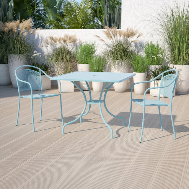 FLASH FURNITURE CO6SKY  Oia Commercial Grade 35-1/2in Square Indoor-Outdoor Steel Patio Table With Umbrella Hole, 28-3/4inH x 35-1/2inW x 35-1/2inD, Sky Blue