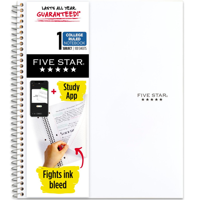 Prepare for tests or meetings with help from this Five Star Wirebound Notebook Plus Study App. The college-ruled notebook offers perforated paper and pockets to house loose pages, and the Five Star App helps you access your notes from your devices.  100 double-sided, college ruled sheets for easy note taking.  Paper is perforated and resists ink bleed.  Tough pockets are a great place for loose sheets.  Water-resistant covers and Spiral Lock wire to keep the pages protected.  Five Star App lets you create instant flashcards and sync your notes to Google Drive so you can access them from your devices.