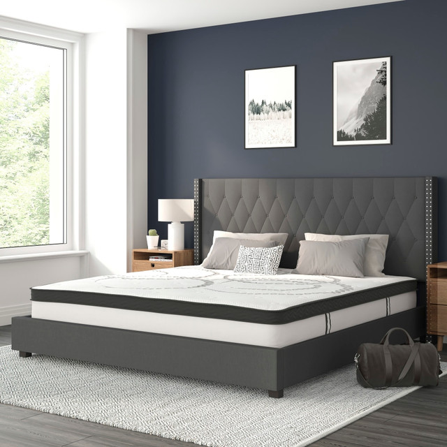 FLASH FURNITURE HGBM1048 Riverdale Tufted Upholstered Platform Bed With 10in CertiPUR-US Certified Foam And Pocket Spring Mattress, King, Dark Gray FLASH FURNITURE HGBM1048 Riverdale Tufted Upholstered Platform Bed With 10in CertiPUR-US Certified Foam And Pocket Spring Mattress, King, Dark Gray