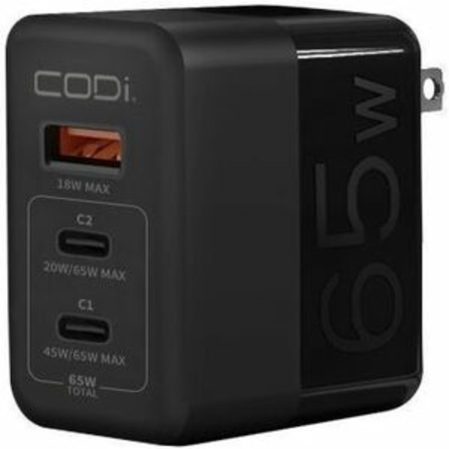 CODI ACQUISITION LLC A01106 CODi 65W GaN Triple Port Wall Charger - USB-C and USB-A Quick Charge 3.0 outputs