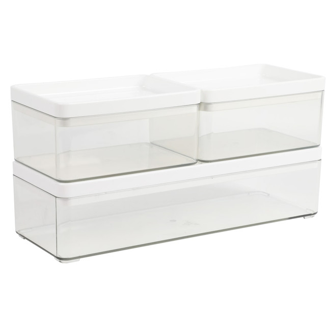 FLASH FURNITURE GSBA13603PCLWH Martha Stewart Grady Stackable Plastic Storage Boxes with Lids, 2-1/2inH x 11inW x 4inD, Clear/White, Set Of 3 Boxes FLASH FURNITURE GSBA13603PCLWH Martha Stewart Grady Stackable Plastic Storage Boxes with Lids, 2-1/2inH x 11inW x 4inD, Clear/White, Set Of 3 Boxes