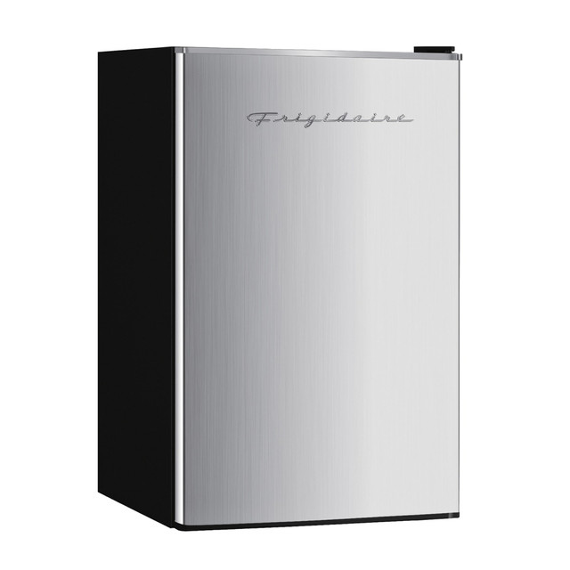 The Frigidaire Retro 3.2 cu ft Compact Refrigerator with Freezer is small enough to fit almost anywhere. This mini fridge is made of durable metal and has an in-door dairy rack and slide-out shelves for more storage space. The reversible door accommodates right- or left-handed use.  Mini fridge made of durable metal.  Ample 3.2 cu ft fresh food capacity provides space for groceries.  Interior accommodates 2-L and tall bottles for convenience.  In-door dairy rack.  Slide-out shelves offer more storage.  Ice cube chamber.  Adjustable temperature control lets you choose right temperature for your food.  Space-saving flush-back design.  Adjustable leveling legs help keep refrigerator stable on uneven floors.  Reversible door accommodates right- or left-handed use.  Invisible door handle.  Chrome trim offers a retro look.  Includes an ice cube tray.  Backed by the manufacturer's 1-year limited warranty.  Measures 32-3/4inH x 18-15/16inW x 17-3/4inD.