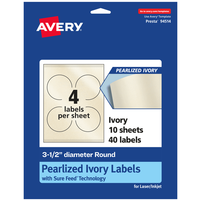 AVERY PRODUCTS CORPORATION 94514-PIP10 Avery Pearlized Permanent Labels With Sure Feed, 94514-PIP10, Round, 3-1/2in Diameter, Ivory, Pack Of 40 Labels AVERY PRODUCTS CORPORATION 94514-PIP10 Avery Pearlized Permanent Labels With Sure Feed, 94514-PIP10, Round, 3-1/2in Diameter, Ivory, Pack Of 40 Labels