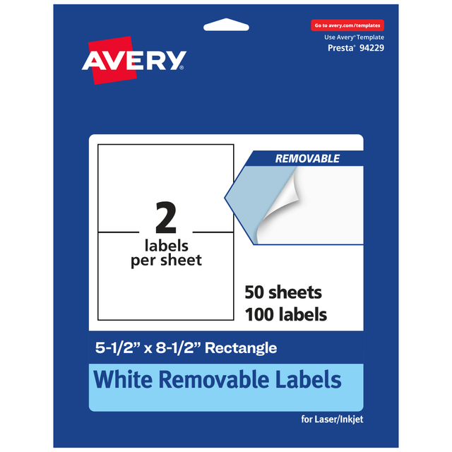 AVERY PRODUCTS CORPORATION 94229-RMP50 Avery Removable Labels, 94229-RMP50, Rectangle, 5-1/2in x 8-1/2in, White, Pack Of 100 Labels AVERY PRODUCTS CORPORATION 94229-RMP50 Avery Removable Labels, 94229-RMP50, Rectangle, 5-1/2in x 8-1/2in, White, Pack Of 100 Labels