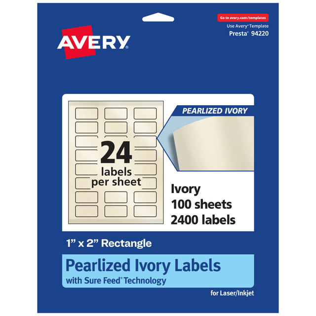 AVERY PRODUCTS CORPORATION 94220-PIP100 Avery Pearlized Permanent Labels With Sure Feed, 94220-PIP100, Rectangle, 1in x 2in, Ivory, Pack Of 2,400 Labels AVERY PRODUCTS CORPORATION 94220-PIP100 Avery Pearlized Permanent Labels With Sure Feed, 94220-PIP100, Rectangle, 1in x 2in, Ivory, Pack Of 2,400 Labels