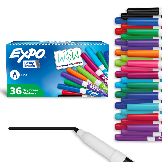 Use the Expo Dry-Erase Markers in classrooms, offices and homes. These dry-erase markers have low odor, water-based ink and fine tips that are ideal for accurate, detailed lines.  Low odor, water-based ink.  Fine tip is great for accurate, detailed lines.  Erases cleanly and easily from whiteboards and most nonporous surfaces.  Dry erase markers in a range of bold, vibrant colors  Fine tip perfect for accurate, detailed lines  Low odor ink, ideal for home, classroom, and office use  Erase cleanly and easily with an EXPO eraser  Includes: 36 dry erase markers in assorted, vibrant colors  ACMI Certified AP Nontoxic. For detailed information see www.acmiart.org.  Conforms to ASTM D4236 standards. For detailed information see www.astm.org.  Less harsh chemicals - made with fewer harsh chemicals, or safer chemicals than typical alternatives, helping  reduce your use of and exposure to substances that may be more harmful to your health and the environment.