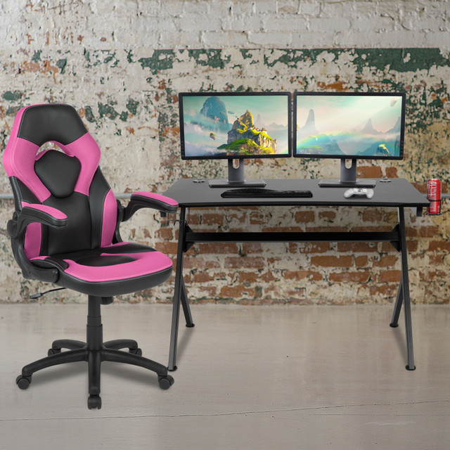 FLASH FURNITURE BLNX10D1904PK  Gaming Desk And Racing Chair Set With Cup Holder, Headphone Hook & 2 Wire Management Holes, Pink