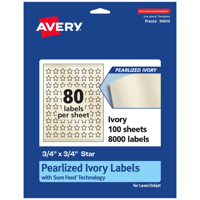 AVERY PRODUCTS CORPORATION 94610-PIP100 Avery Pearlized Permanent Labels With Sure Feed, 94610-PIP100, Star, 3/4in x 3/4in, Ivory, Pack Of 8,000 Labels AVERY PRODUCTS CORPORATION 94610-PIP100 Avery Pearlized Permanent Labels With Sure Feed, 94610-PIP100, Star, 3/4in x 3/4in, Ivory, Pack Of 8,000 Labels