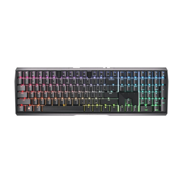 Practical special features for your gaming experience. To ensure flawless gameplay, the Bluetooth gaming keyboard with several additional functions have been equipped: Thanks to Full-N-Key Rollover, you can be sure that all keys are read simultaneously and no input is lost. Incorrect inputs, on the other hand, are avoided by anti-ghosting. The WIN key lock helps prevent inadvertently executed Windows commands when you are in the middle of your game. If you donT use the wireless keyboard for gaming, but for working, the lock can of course be easily deactivated again. The CHERRY button gives you one-touch access to the CHERRY website and CHERRY UTILITY software, which allows you to program the backlighting on your CHERRY MX 3.0S wireless gaming keyboard, among other things.  Innovative design. First of all, the CHERRY MX 3.0S Wireless gaming keyboard not comes without cables, but is also entirely screwless. Its classy aluminum housing is manufactured using the continuous die-casting process. Subsequently, the circuit board on which the CHERRY MX switches are located is pressed directly into the housing. Designed retention points ensure that the wireless gaming keyboard does not rely on screws or an additional metal plate for stabilization. This gives it a minimalistic yet technical look. The high-quality housing as well as the rubber feet on the bottom make the keyboard especially stable.  Original CHERRY MX Switches for absolute precision. What would a CHERRY gaming keyboard be without the original MX switches? The mechanical CHERRY MX switches, which are manufactured in Germany, are not absolutely reliable and precise, but with their more than 100 million possible actuations per key, they are also very durable and of high quality.  High-performance gaming keyboard - wireless, rechargeable and fast. With the CHERRY MX 3.0S Wireless gaming keyboard, victory is at hand: The high-quality keyboard with a sturdy, extruded aluminum housing can be connected wirelessly via Bluetooth or the 2.4 GHz band, as well as via USB-A to USB-C cable, thanks to CHERRY Advanced Wireless Technology. In the incredibly fast gaming mode with a latency of less than 1 ms, you can take full advantage of your speed. Combine that with the tried-and-tested CHERRY MX mechanical switches, stylish RGB lighting and smart charging technology that allows you to charge the keyboard while you play and you will be unstoppable. Step up your game with the CHERRY MX 3.0S Wireless!  Vibrant RGB lighting in over 16 million colors. Unobtrusive, single-color lighting, animated, multi-color effects or would you prefer customizable single-key lighting? The CHERRY MX 3.0S Wireless gaming keyboard boasts impressive RGB backlighting in over 16 million colors and numerous customization options. You can set a variety of lighting options and color effects directly from the Bluetooth mechanical keyboard. If you are not in the mood for bright colors or prefer something more discreet, simply turn off the lighting.  Wireless gaming power. Take advantage of the full CHERRY gaming power - even without cables with the MX 3.0S Wireless gaming keyboard! You have several connection modes to choose from, so you can select your favorite connection: Use the mechanical gaming keyboard in Bluetooth mode and connect three different devices at once. Switch back and forth at the touch of a button. Thanks to the special Low Latency Mode (LLM), victory is within reach: This mode uses an extremely fast Bluetooth connection that is ideal for gaming. In 2.4 GHz mode you connect the mechanical gaming keyboard wirelessly with a USB dongle and in wired mode you simply plug in the included USB-A to Micro-USB cable - minimum latency and maximum speed!