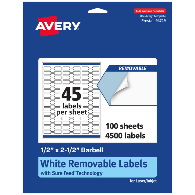 AVERY PRODUCTS CORPORATION 94749-RMP100 Avery Removable Labels With Sure Feed, 94749-RMP100, Barbell, 1/2in x 2-1/2in, White, Pack Of 4,500 Labels AVERY PRODUCTS CORPORATION 94749-RMP100 Avery Removable Labels With Sure Feed, 94749-RMP100, Barbell, 1/2in x 2-1/2in, White, Pack Of 4,500 Labels