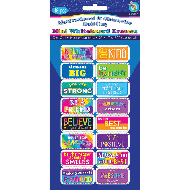 ASHLEY PRODUCTIONS, INC. ASH78017 Ashley Productions Non-Magnetic Mini Whiteboard Erasers, 1-1/2in x 2in, Motivational/Character Building, Pack Of 16 Erasers ASHLEY PRODUCTIONS, INC. ASH78017 Ashley Productions Non-Magnetic Mini Whiteboard Erasers, 1-1/2in x 2in, Motivational/Character Building, Pack Of 16 Erasers