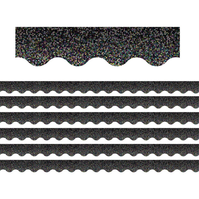 Create a unique bulletin board theme with the Teacher Created Resources Scalloped Border Trim Pack. These vibrant border trim strips are made of acid-free paper and help liven up your classroom.  Scalloped border trim helps liven up any classroom.  Made of acid-free paper.  Creates themes for bulletin boards, walls, windows and projects.  Each black sparkle pack includes 12 strips for a total of 35ft.