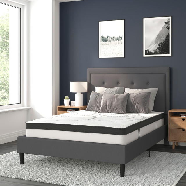 FLASH FURNITURE SLBM1030 Roxbury Tufted Upholstered Platform Bed with 10in CertiPUR-US Certified Foam and Pocket Spring Mattress, Full, 50-3/4inH x 59inW x 81inL, Dark Gray FLASH FURNITURE SLBM1030 Roxbury Tufted Upholstered Platform Bed with 10in CertiPUR-US Certified Foam and Pocket Spring Mattress, Full, 50-3/4inH x 59inW x 81inL, Dark Gray
