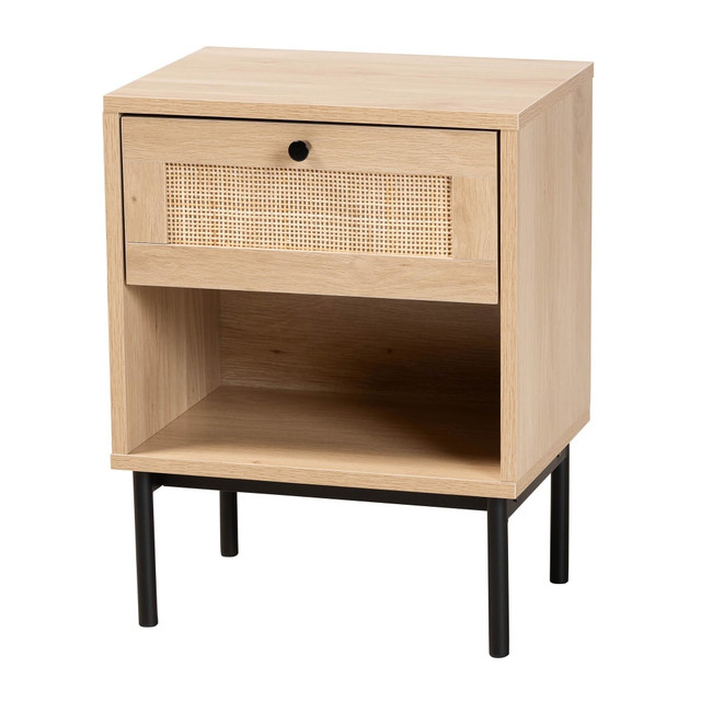 WHOLESALE INTERIORS, INC. 2721-13219 Baxton Studio Sherwin Mid-Century Modern 1-Drawer End Table With Woven Rattan Accent, 20-1/2inH x 15-3/4inW x 11-5/8inD, Light Brown/Black WHOLESALE INTERIORS, INC. 2721-13219 Baxton Studio Sherwin Mid-Century Modern 1-Drawer End Table With Woven Rattan Accent, 20-1/2inH x 15-3/4inW x 11-5/8inD, Light Brown/Black
