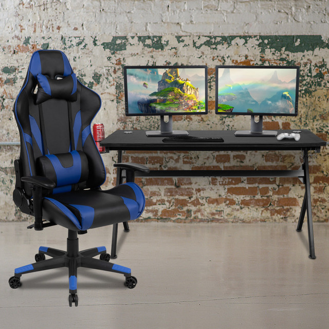 FLASH FURNITURE BLNX20D1904LBL  Gaming Desk And Reclining Chair Set With Cup Holder, Headphone Hook & Removable Mouse Pad Top, Blue