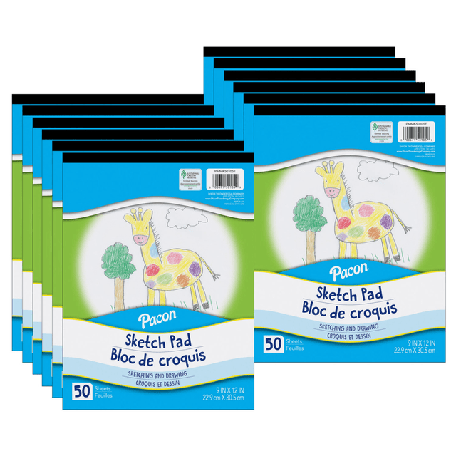 EDUCATORS RESOURCE PACMMK50105F-12 Pacon Sketch Pads, 9in x 12in, White, 50 Sheets Per Pad, Pack Of 12 Pads
