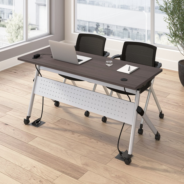 BUSH INDUSTRIES INC. NVS005SG Bush Business Furniture Envision 60inW Training Table with Powered Grommets and 2 Chairs with Arms, Storm Gray/Cool Gray Metallic, Standard Delivery BUSH INDUSTRIES INC. NVS005SG Bush Business Furniture Envision 60inW Training Table with Powered Grommets and 2 Chairs with Arms, Storm Gray/Cool Gray Metallic, Standard Delivery