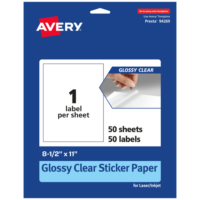 AVERY PRODUCTS CORPORATION 94269-CGF50 Avery Glossy Permanent Labels, 94269-CGF50, Rectangle, 8-1/2in x 11in, Clear, Pack Of 50 AVERY PRODUCTS CORPORATION 94269-CGF50 Avery Glossy Permanent Labels, 94269-CGF50, Rectangle, 8-1/2in x 11in, Clear, Pack Of 50