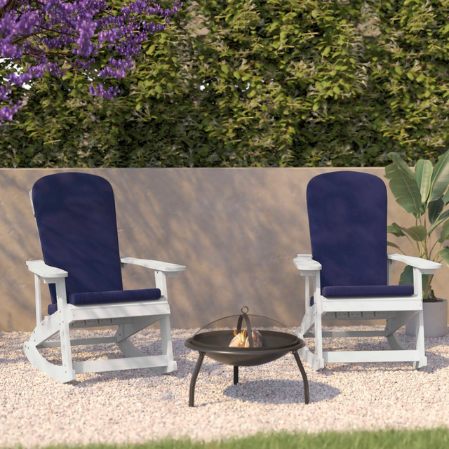 FLASH FURNITURE 2JJC14705CSBLWH  Savannah All-Weather Adirondack Rocking Chairs with Cushions, Blue/White, Set Of 2 Chairs