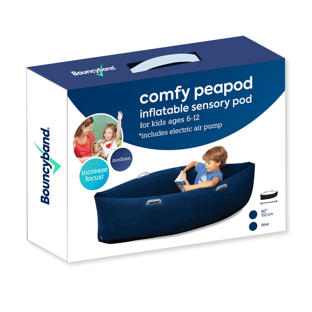 The Bouncyband Comfy Hugging Peapod PVC Sensory Pod provides soothing deep pressure and sensory comfort. The flocked vinyl construction has heavy-duty triple-welded seams for lasting durability. The 3 inflatable compartments enable kids to rock side to side for a calming feeling.  Made with the flocked vinyl with heavy-duty triple-welded seams for lasting durability.  Boasts 3 inflatable compartments that enable kids to rock side to side, providing sensory comfort.  Includes an electric pump and repair kit.  Measures 60in x 30in x 17in and holds up to 350 lb.