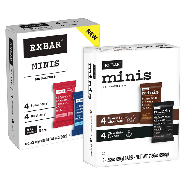 SUNSET HILL FARM 008101289492 RXBAR MINIS Variety Protein Bars, Choc Sea Salt + PB Choc & Strawberry + Blueberry, 0.9 Oz, 8 Bars Per Box, Pack Of 2 Boxes