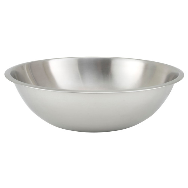 Mix batters, breads, sauces and more within the Winco Heavy-Duty Mixing Bowl. Durable stainless steel is equipped with a reinforced rim to help prevent warping or bending for long-lasting use.  Ideal for restaurants, bakeries, hotels and caterers.  Made from commercial-grade stainless steel to withstand daily use.  Thick, reinforced rim helps prevent bending and warping.  Wide rim helps to prevent drips and spills.  Dishwasher safe.  Offers a 13-qt capacity.  Measures 4-3/16inH x 15-1/4inW x 15-1/4inD.