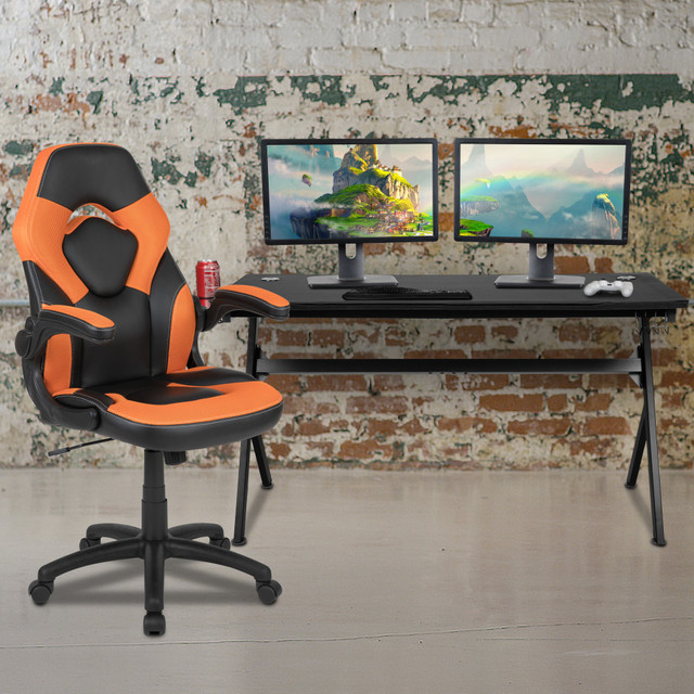 FLASH FURNITURE BLNX10D1904LOR  Gaming Desk And Racing Chair Set With Cup Holder, Headphone Hook & Removable Mouse Pad Top, Orange