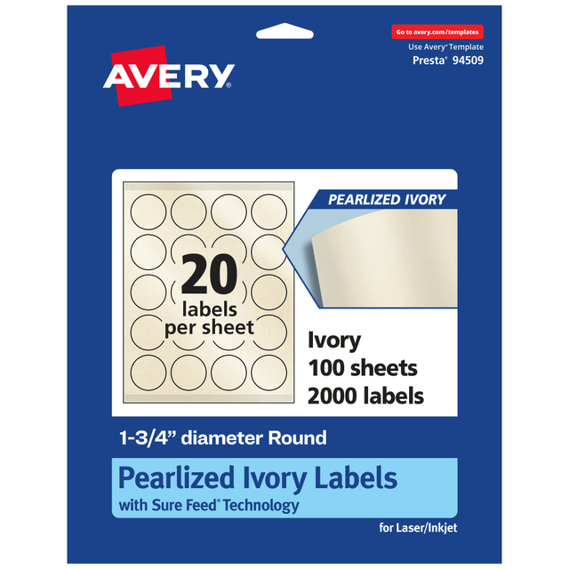 AVERY PRODUCTS CORPORATION 94509-PIP100 Avery Pearlized Permanent Labels With Sure Feed, 94509-PIP100, Round, 1-3/4in Diameter, Ivory, Pack Of 2,000 Labels AVERY PRODUCTS CORPORATION 94509-PIP100 Avery Pearlized Permanent Labels With Sure Feed, 94509-PIP100, Round, 1-3/4in Diameter, Ivory, Pack Of 2,000 Labels