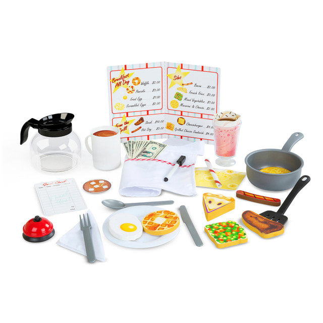 Everything kids need to run their own diner is in this 41-piece restaurant play set. From taking orders on the reusable menu to cooking with the durable frying pan and spatula, children can serve up diner classics with ease. This set also includes accessories for realistic play, like a working bell, fabric napkin, and play money, ensuring hours of imaginative fun.  41-piece restaurant play set to order, cook, and serve diner favorites  Includes 7 wooden food pieces with different foods on each side, plus coffee and milkshake inserts  Features utensils like a frying pan, spatula, coffee pot, plate, fork, knife, spoon, and milkshake cup with straw  Comes with a fabric napkin, apron with pockets, working bell, menu, guest check, dry-erase marker, and play money  Perfect for children ages 3+ for imaginative role-play and social skills development