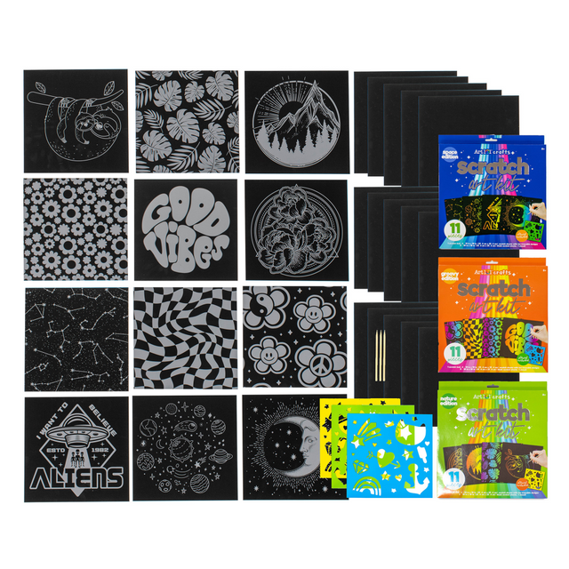 Kids and adults alike will love the Art 101 Scratch Art Kits. This pack lets you choose from 3 different designs, with each set including scratch sheets, blank sheets, a scratch stick and a stencil.  Pack of 3 includes 33 pieces in total of everything you need to make an amazing scratch art creation.  Choose from 3 different design packs.  Each set comes with 4 scratch sheets with fun and traceable designs, 5 blank sheets, a scratch stick and a stencil.  Scratch sheets are sized at 10in x 10in and reveal glowing and vibrant colors underneath when scratched.