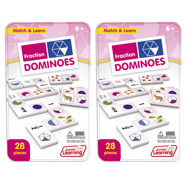 Make learning math fun with the Junior Learning Fractions Domino Sets. These sets include 28 thick plastic dominoes each to help students with learning fractions. They come in a collector's tin for easy storage.  Each set includes 28 thick plastic dominoes.  Dominoes help teach fractions.  Comes in a collector's tin for easy storage.