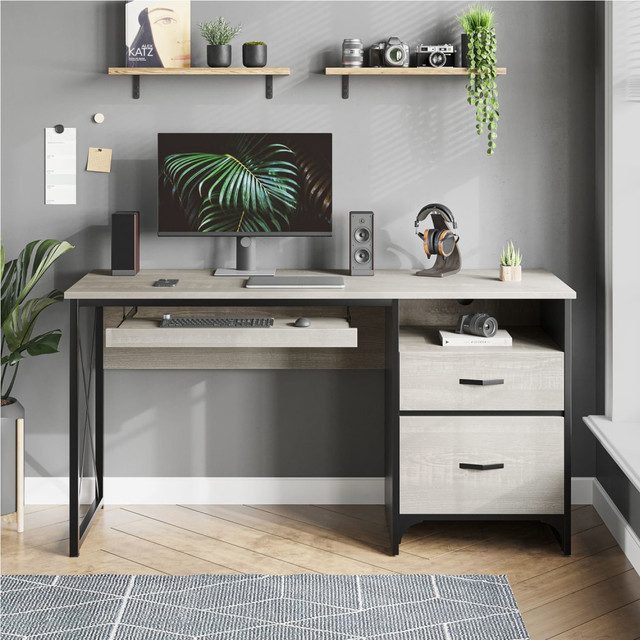 BESTIER D374Q-WHTW  56inW Office Desk With Drawers & Tray, White Wash