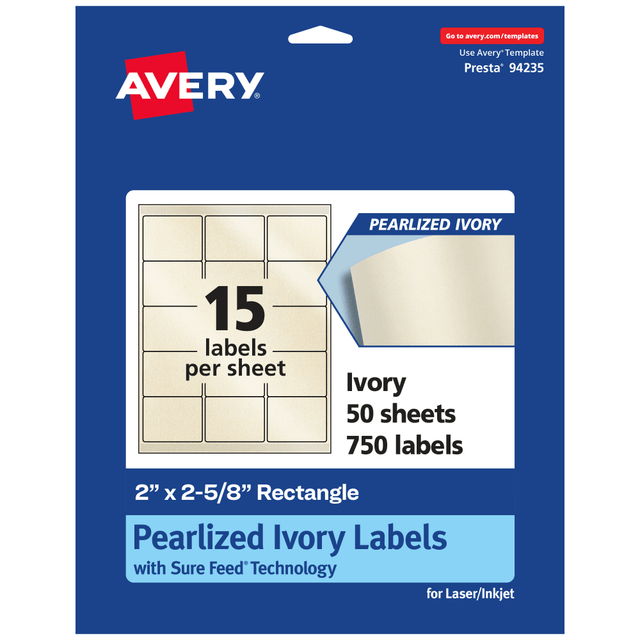 AVERY PRODUCTS CORPORATION 94235-PIP50 Avery Pearlized Permanent Labels With Sure Feed, 94235-PIP50, Rectangle, 2in x 2-5/8in, Ivory, Pack Of 750 Labels AVERY PRODUCTS CORPORATION 94235-PIP50 Avery Pearlized Permanent Labels With Sure Feed, 94235-PIP50, Rectangle, 2in x 2-5/8in, Ivory, Pack Of 750 Labels