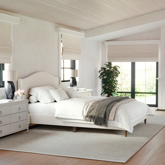 FLASH FURNITURE TW3WDB02BQBG Martha Stewart Amelia Upholstered Platform Bed with Curved Headboard and Cushioned Siderails, Wood Slat Foundation with No Box Spring Needed, Beige Fabric/Walnut Legs, Queen FLASH FURNITURE TW3WDB02BQBG Martha Stewart Amelia Upholstered Platform Bed with Curved Headboard and Cushioned Siderails, Wood Slat Foundation with No Box Spring Needed, Beige Fabric/Walnut Legs, Queen