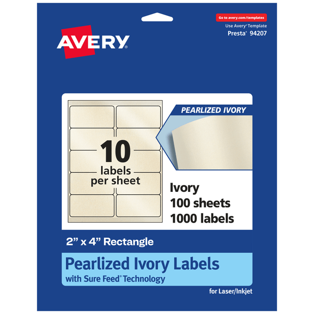 AVERY PRODUCTS CORPORATION 94207-PIP100 Avery Pearlized Permanent Labels With Sure Feed, 94207-PIP100, Rectangle, 2in x 4in, Ivory, Pack Of 1,000 Labels AVERY PRODUCTS CORPORATION 94207-PIP100 Avery Pearlized Permanent Labels With Sure Feed, 94207-PIP100, Rectangle, 2in x 4in, Ivory, Pack Of 1,000 Labels
