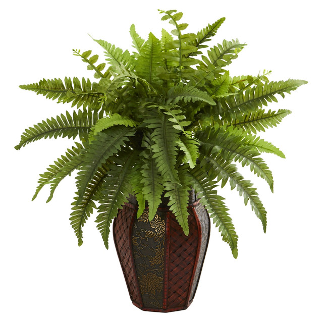 NEARLY NATURAL INC. 8157 Nearly Natural 20inH Boston Fern Artificial Plant With Decorative Planter, 20inH x 14inW x 14inD, Brown/Green NEARLY NATURAL INC. 8157 Nearly Natural 20inH Boston Fern Artificial Plant With Decorative Planter, 20inH x 14inW x 14inD, Brown/Green