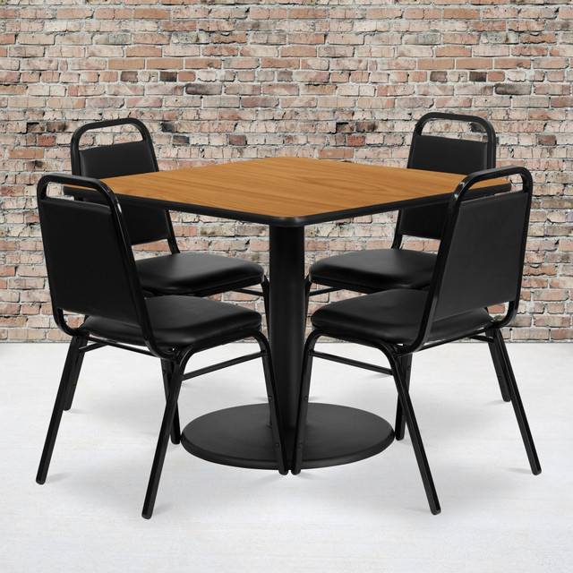 FLASH FURNITURE RSRB1011  Square Laminate Table Set With Round Base And 4 Trapezoidal Back Banquet Chairs, 30inH x 36inW x 36inD, Natural/Black