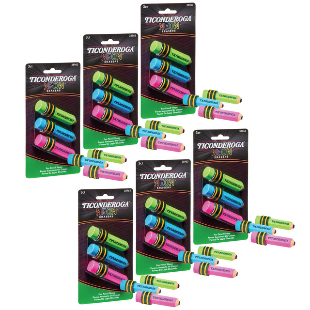 EDUCATORS RESOURCE DIX38963-6 Ticonderoga Pencil-Shaped Erasers, 3in x 3/4in, Neon, 3 Erasers Per Pack, Set Of 6 Packs