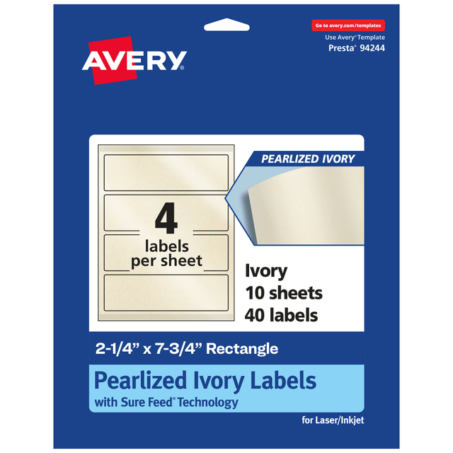 AVERY PRODUCTS CORPORATION 94244-PIP10 Avery Pearlized Permanent Labels With Sure Feed, 94244-PIP10, Rectangle, 2-1/4in x 7-3/4in, Ivory, Pack Of 40 Labels AVERY PRODUCTS CORPORATION 94244-PIP10 Avery Pearlized Permanent Labels With Sure Feed, 94244-PIP10, Rectangle, 2-1/4in x 7-3/4in, Ivory, Pack Of 40 Labels